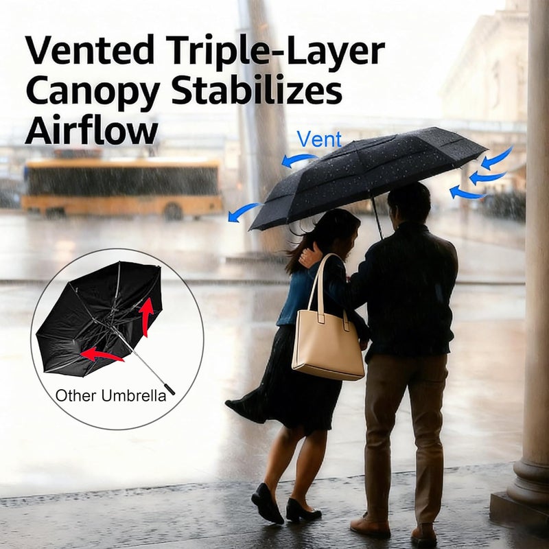 MasterUmbrella 3-Layer Vented Canopy Windproof Commuter Umbrella for Rain, Auto Open/Close, 10 Fiberglass Ribs, Wooden Handle, 13" Folded, 47" Large Coverage for 1–2 People, Lifetime Replacement - Image 5